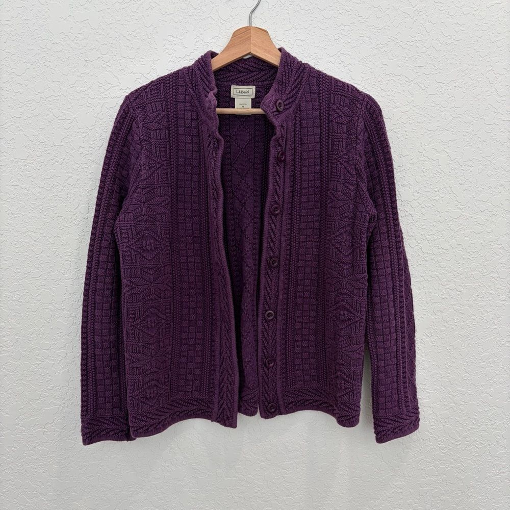 LL Bean Purple Cable Knit Cardigan Sweater Size Medium